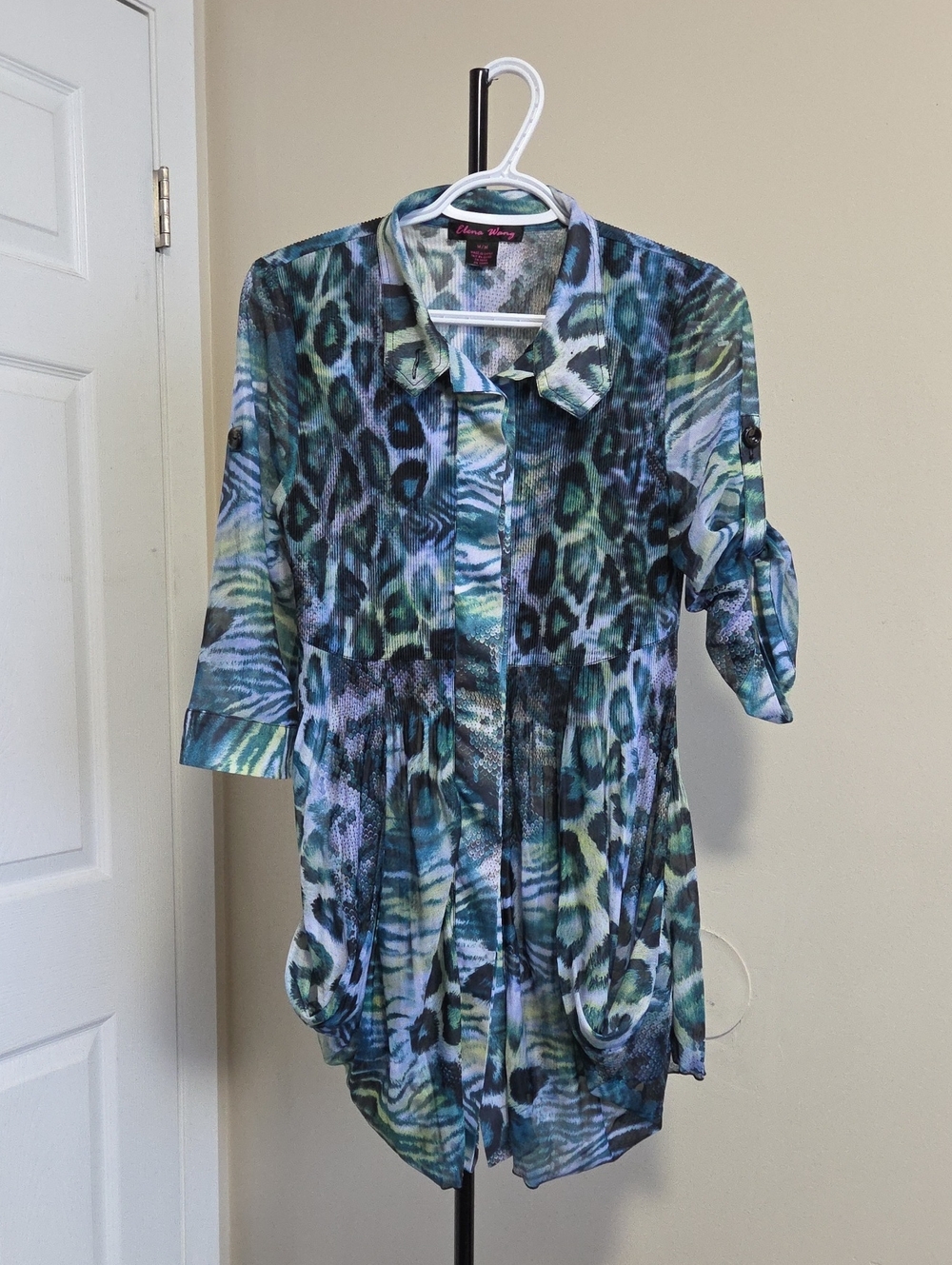 Elena Wang Blue-Green Animal Print Button Tunic